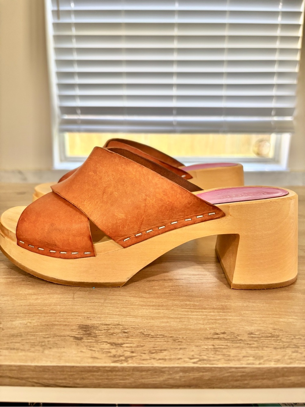 Swedish Hasbeens Anette High Tan Crossband Leather Clogs - Picture 4 of 16